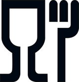 Symbol für Lebensmittelkontakt, schwarze Umrisse eines Weinglases und einer Gabel auf weißem Hintergrund, Frontalansicht