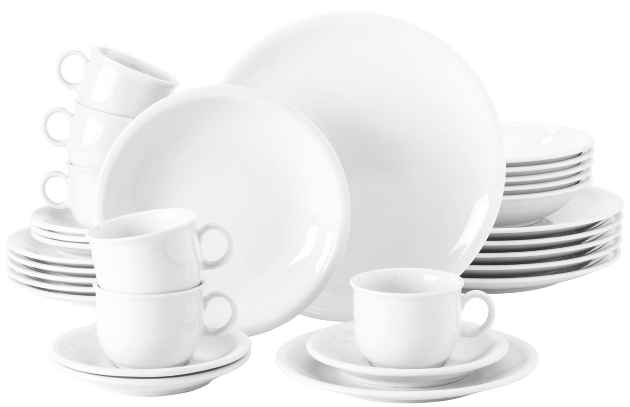 Weißes Kombiservice 30-teilig, bestehend aus Tellern, Schalen und Tassen, in einer seitlichen Perspektive.
