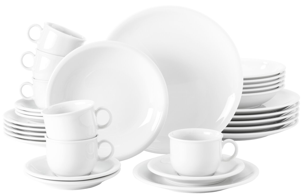 Seltmann Weiden Kombiservice 30-tlg. COMPACT Weißes Kombiservice 30-teilig, bestehend aus Tellern, Schalen und Tassen, in einer seitlichen Perspektive.