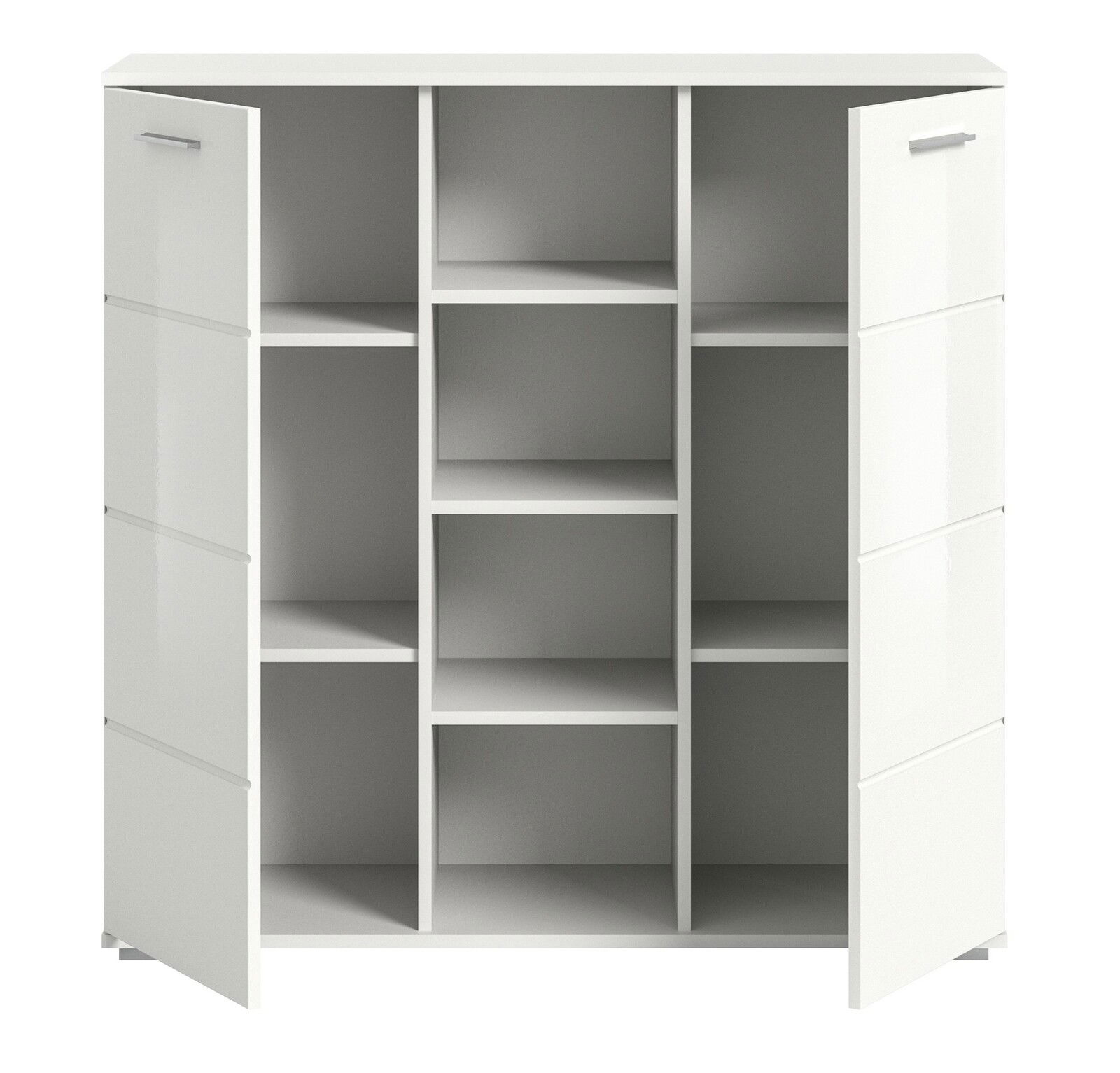 Weiße Kommode mit offenen Türen, zeigt mehrere Regalfächer, frontale Perspektive