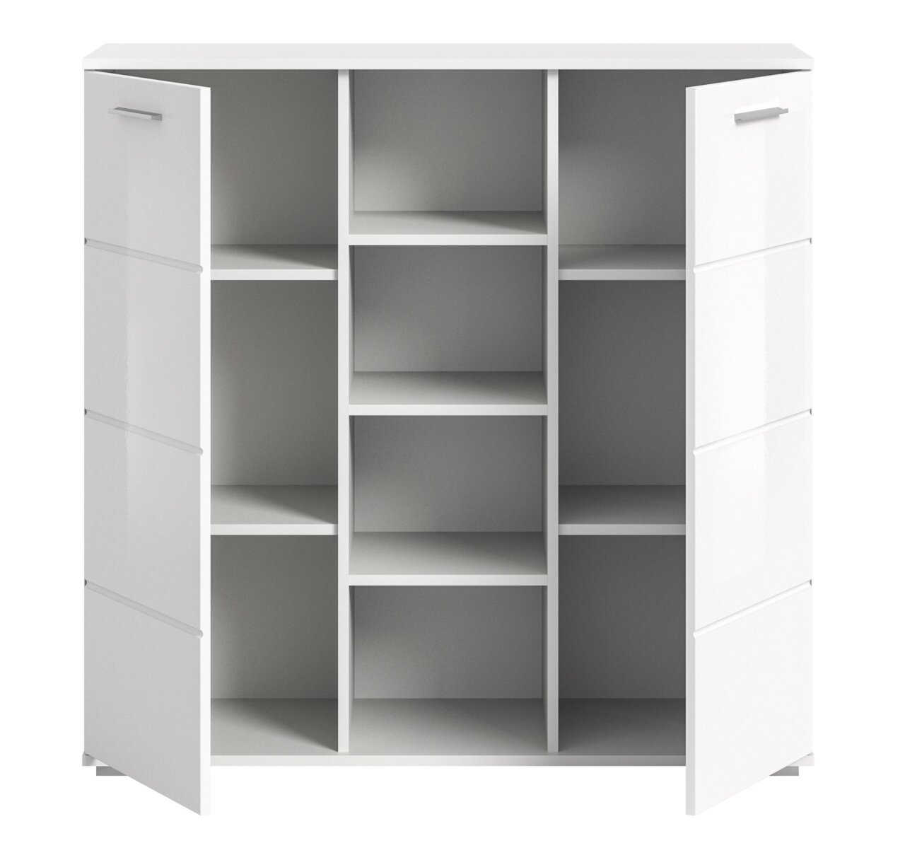 Weiße Kommode mit offenen Türen, zeigt mehrere Regalfächer, frontale Perspektive