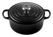 Schwarzer runder Bräter von Le Creuset mit Deckel und zwei Griffen, Ansicht von oben