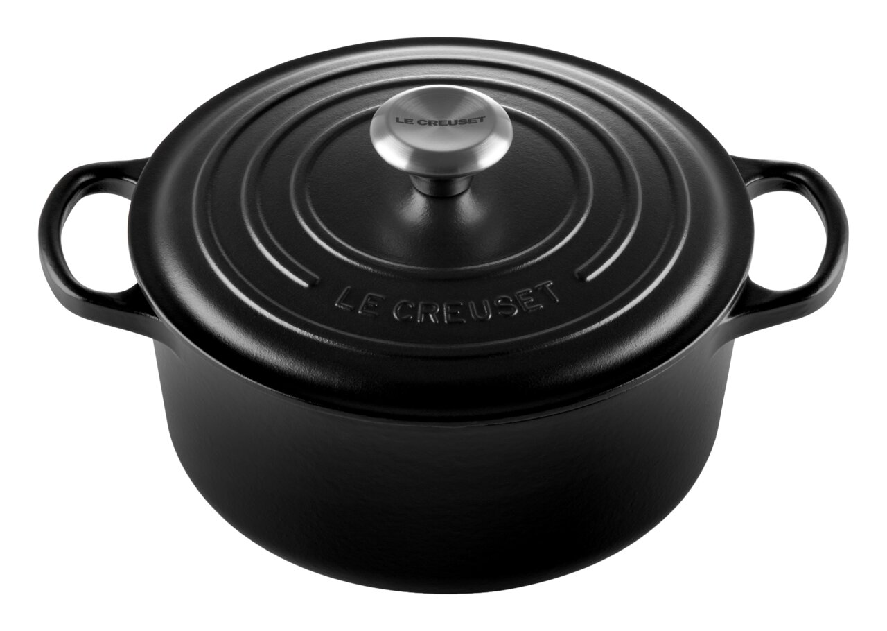 Schwarzer runder Bräter von Le Creuset mit Deckel und zwei Griffen, Ansicht von oben