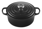 Schwarzer runder Bräter von Le Creuset mit Deckel und zwei Griffen, Ansicht von oben
