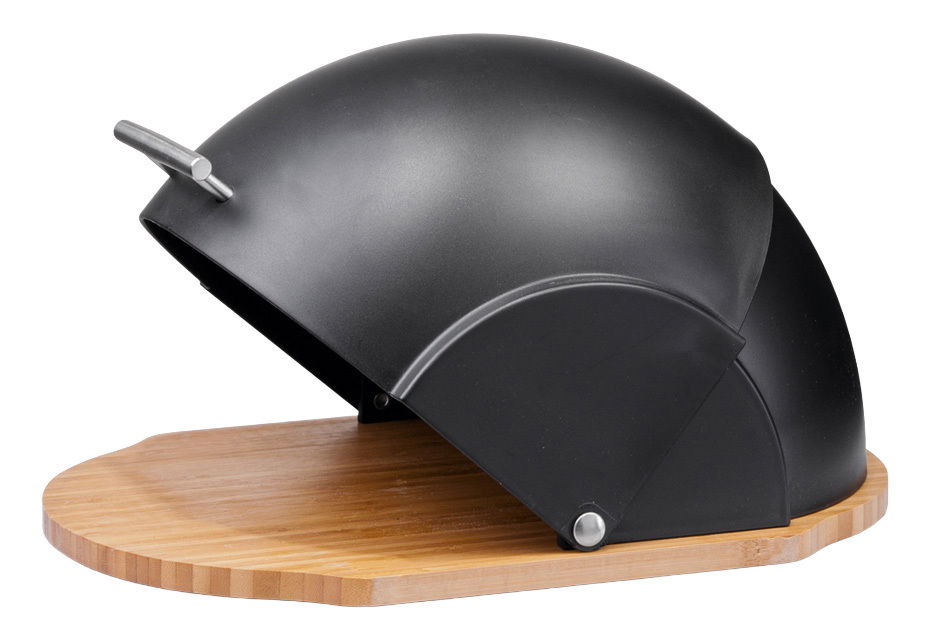 Moderner Brotkasten aus schwarzem Metall mit Holzunterlage, seitliche Perspektive