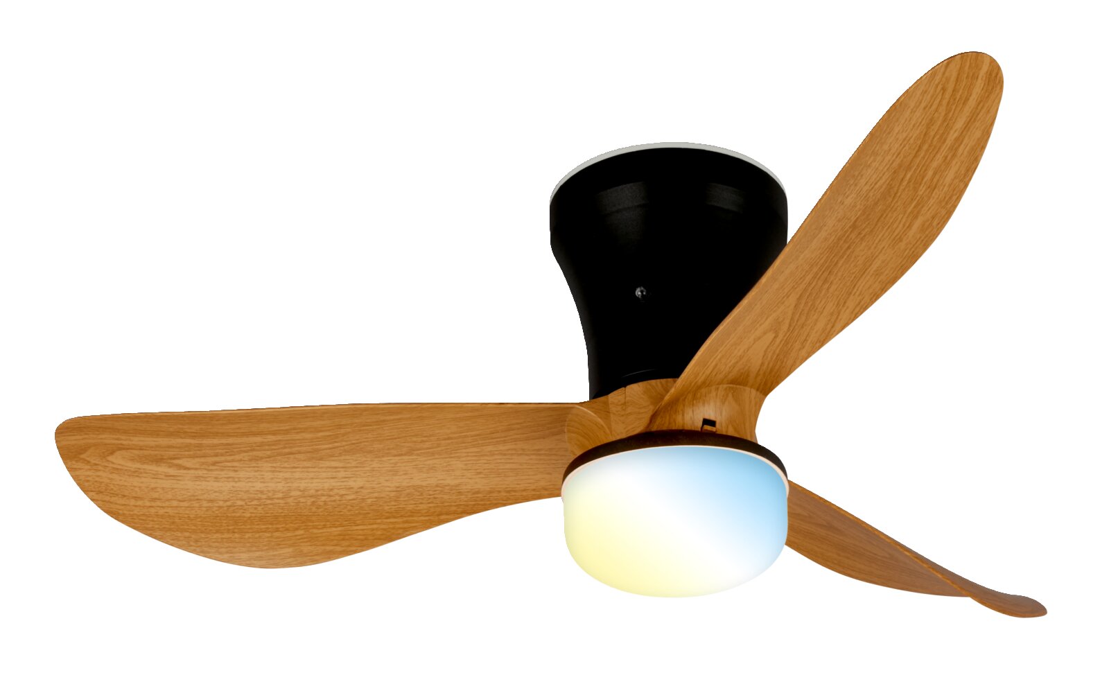 Deckenventilator mit drei Holzflügeln, schwarzem Motorgehäuse und integrierter LED-Leuchte, Ansicht von unten schräg