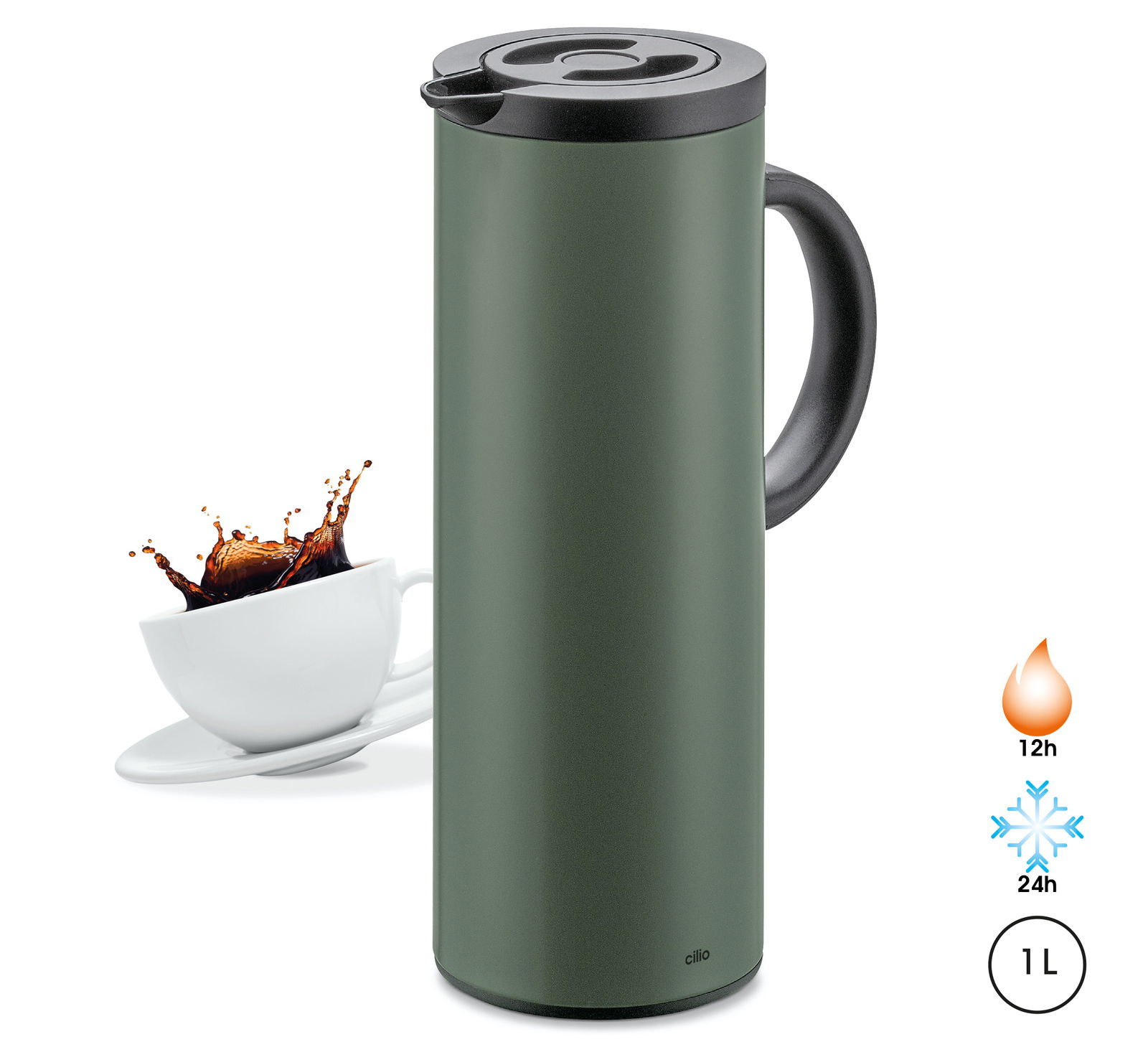 Grüne Isolierkanne mit schwarzem Griff und Deckel, seitliche Perspektive, neben einer Tasse mit spritzendem Kaffee. Hält Getränke 12 Stunden heiß und 24 Stunden kalt, Fassungsvermögen 1 Liter.