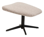 Moderner Hocker mit beigem Stoffbezug und schwarzem Metallfuß, seitliche Perspektive