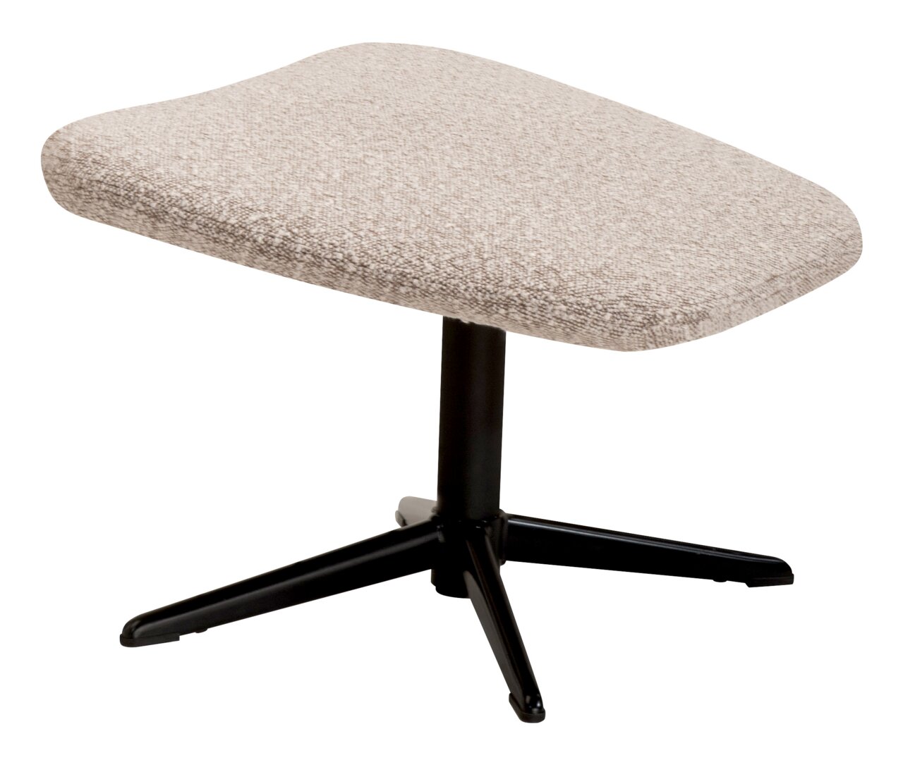 Moderner Hocker mit beigem Stoffbezug und schwarzem Metallfuß, seitliche Perspektive