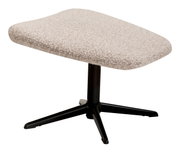 Moderner Hocker mit beigem Stoffbezug und schwarzem Metallfuß, seitliche Perspektive