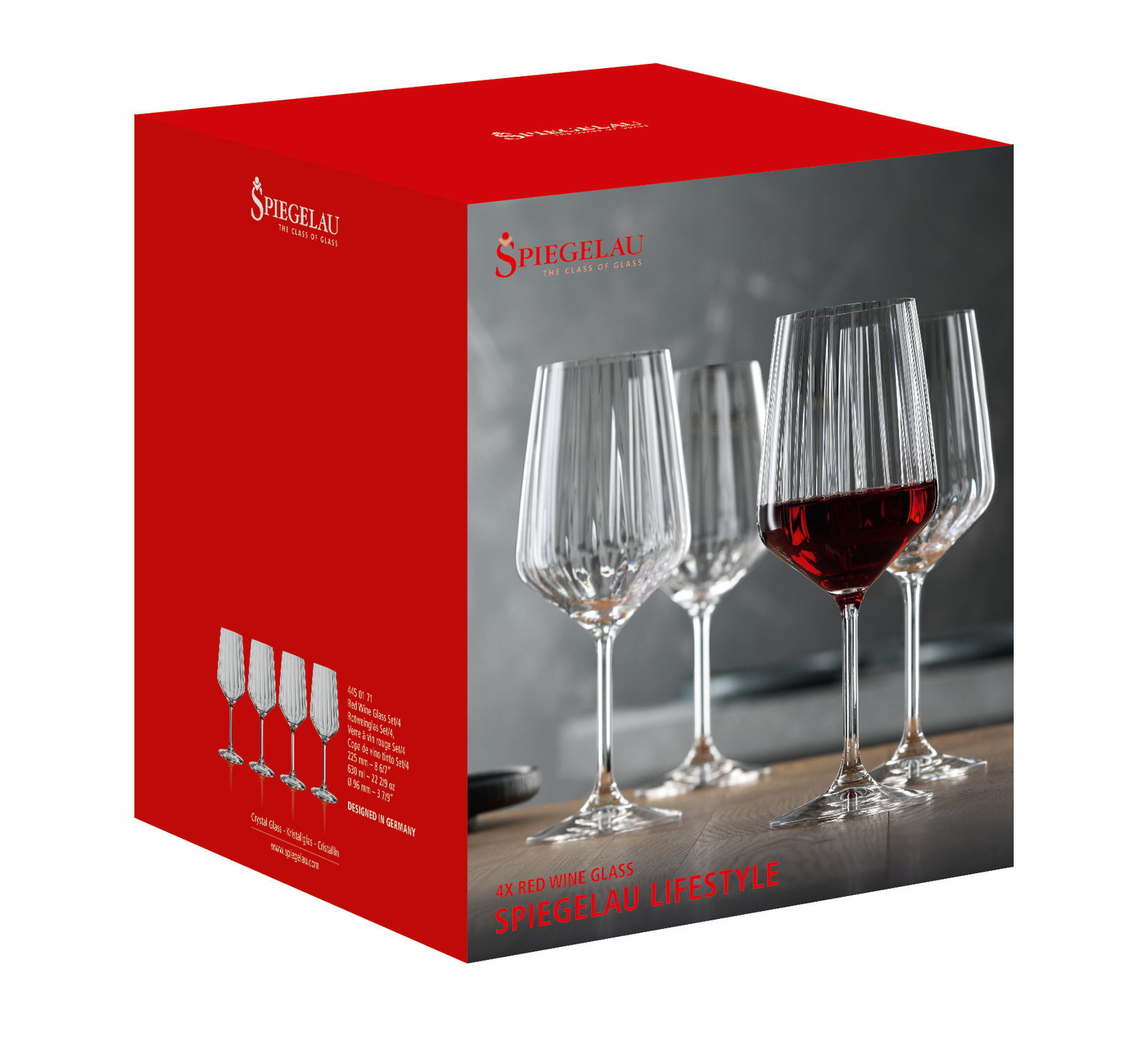 Spiegelau Rotweinglas Set 4-tlg. LIFESTYLE Vier elegante Rotweingläser aus der Lifestyle-Serie von Spiegelau, frontal präsentiert in einer stilvollen Verpackung.