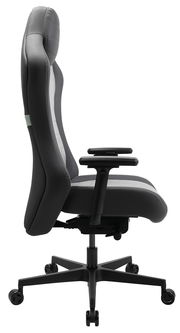 Seitliche Ansicht eines ergonomischen Gaming-Stuhls mit verstellbaren Armlehnen und stabiler Basis auf Rollen.