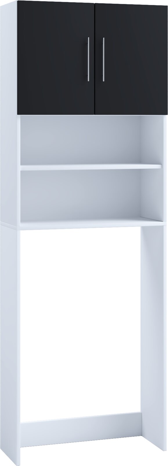 VCM Waschmaschinenüberbau JUTAS Frontansicht eines weißen Hochschranks/Überbauschrank-Elements mit zwei schwarzen Türen oben (silberne Griffe) und offenem Regalfach darunter, geeignet als Überbau z. B. für Waschmaschine oder Trockner.