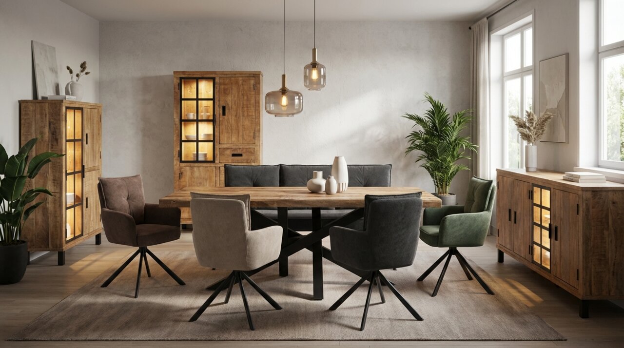 Landscape Sessel POINT Esszimmer mit modernen Sesseln in verschiedenen Farben um einen Holztisch, im Hintergrund Holzschränke und Pflanzen, seitliche Perspektive