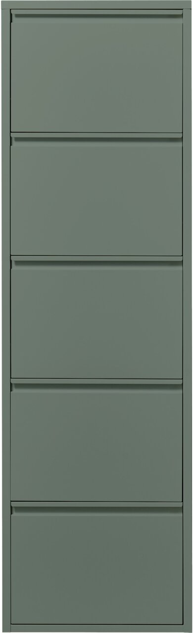 Schmaler, hoher Metallschrank mit fünf glatten Klappfächern in mattem Grau, Frontalansicht