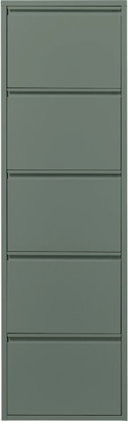 Schmaler, hoher Metallschrank mit fünf glatten Klappfächern in mattem Grau, Frontalansicht