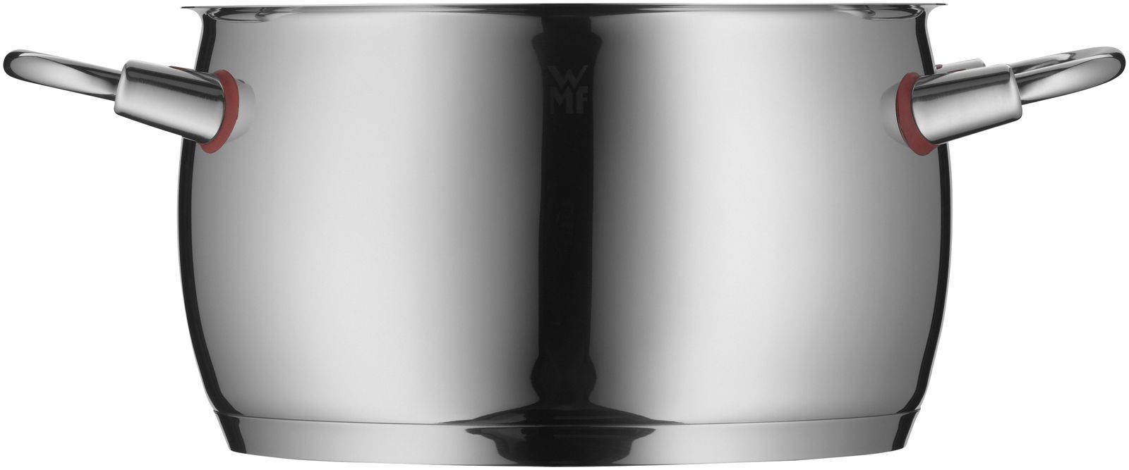 Edelstahlkochtopf mit zwei Griffen, seitliche Perspektive