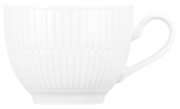Weiße Kaffeetasse mit geriffeltem Design, seitliche Perspektive