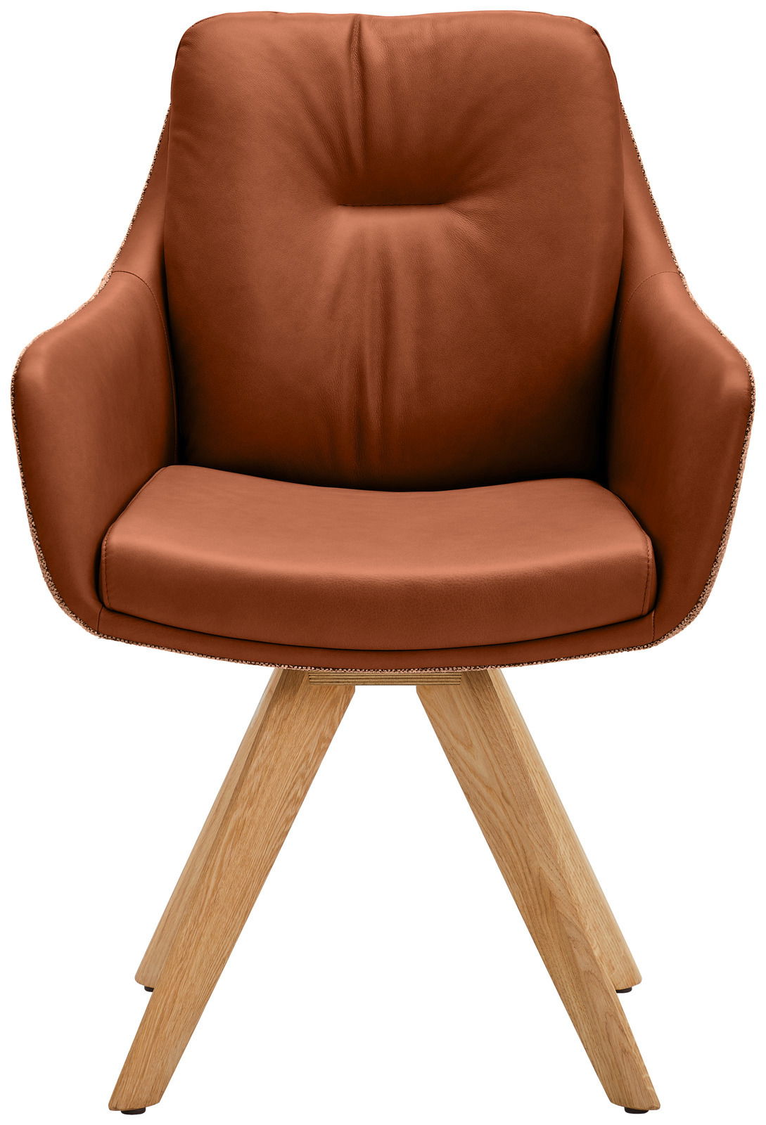 Vorderansicht eines modernen Armlehnstuhls mit braunem Lederbezug und Holzbeinen.