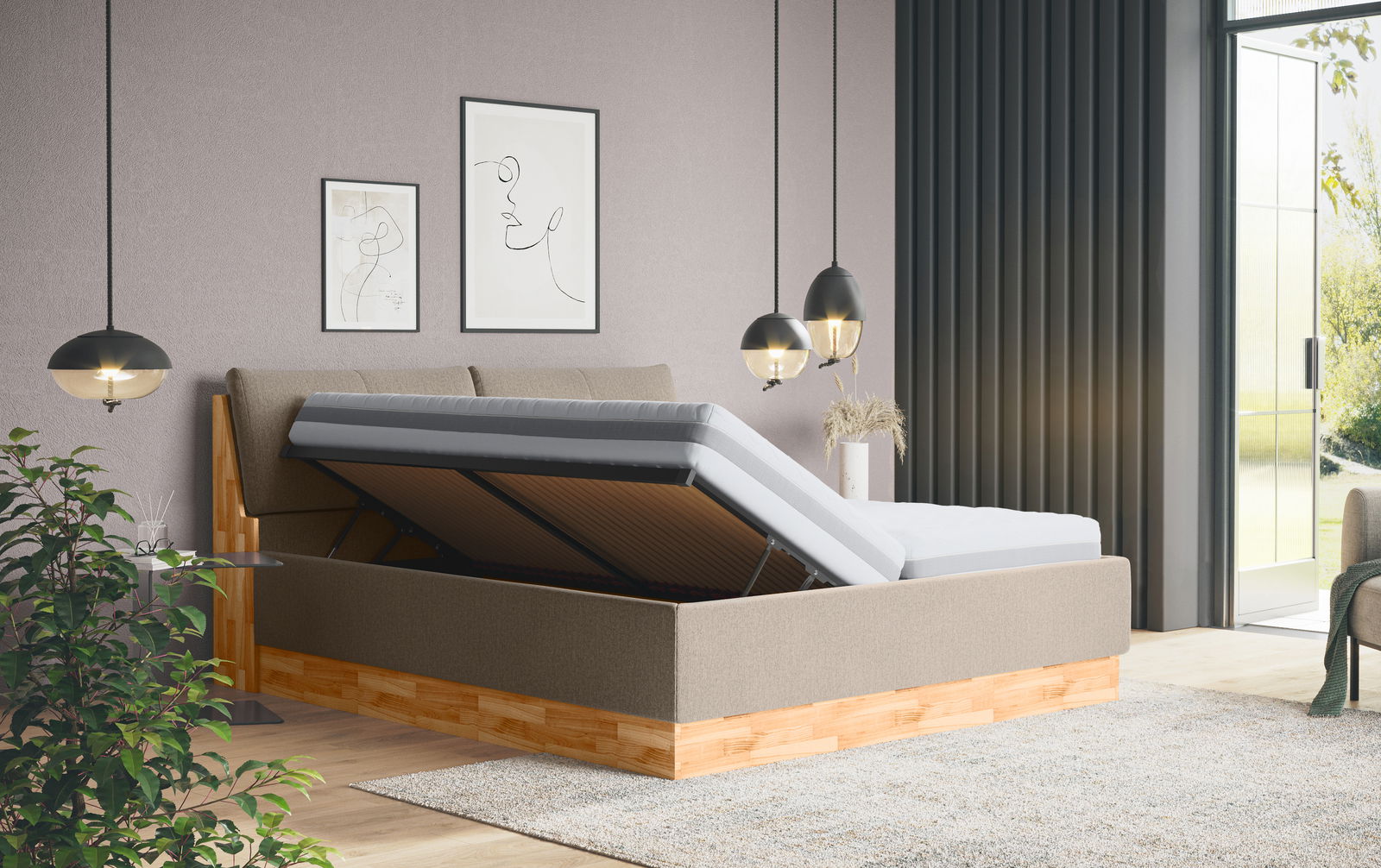 Modernes Polsterbett mit hochgeklappter Matratze, seitliche Perspektive, umgeben von stilvoller Dekoration und Beleuchtung.