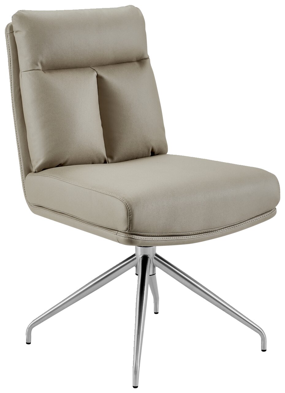 Moderne stoel met beige bekleding en metalen poten, zijaanzicht