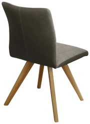 Moderner Stuhl mit grauem Polster und Holzbeinen, seitliche Rückansicht