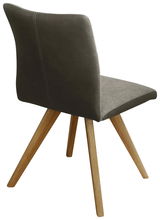 Moderner Stuhl mit grauem Polster und Holzbeinen, seitliche Rückansicht