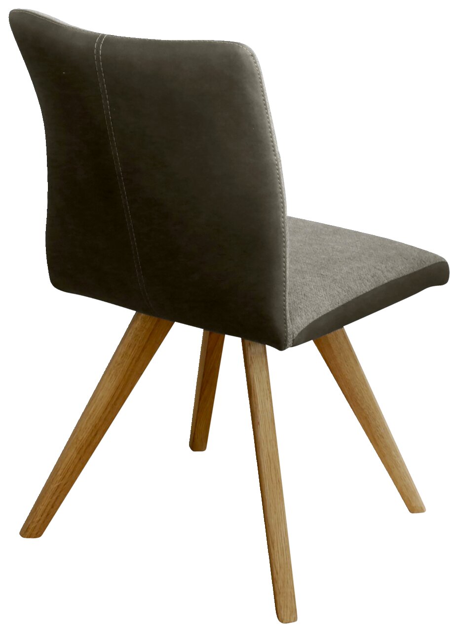 Moderner Stuhl mit grauem Polster und Holzbeinen, seitliche Rückansicht