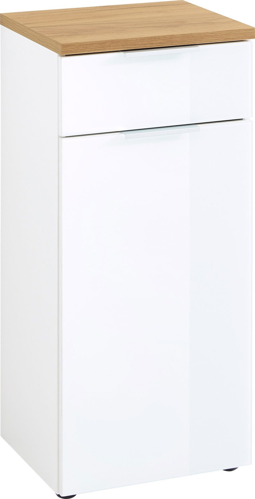 Moderner Unterschrank mit weißer Front und Holzoberfläche, frontal betrachtet.