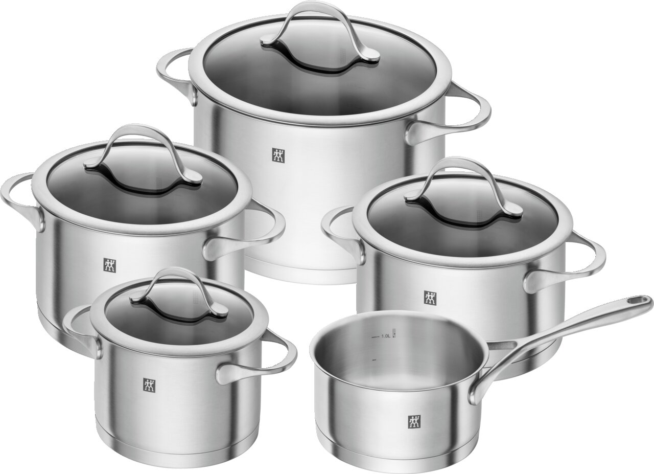 ZWILLING Topfset 5-tlg. ESSENCE Fünfteiliges Topfset Essence aus Edelstahl mit Glasdeckeln, Ansicht von schräg oben