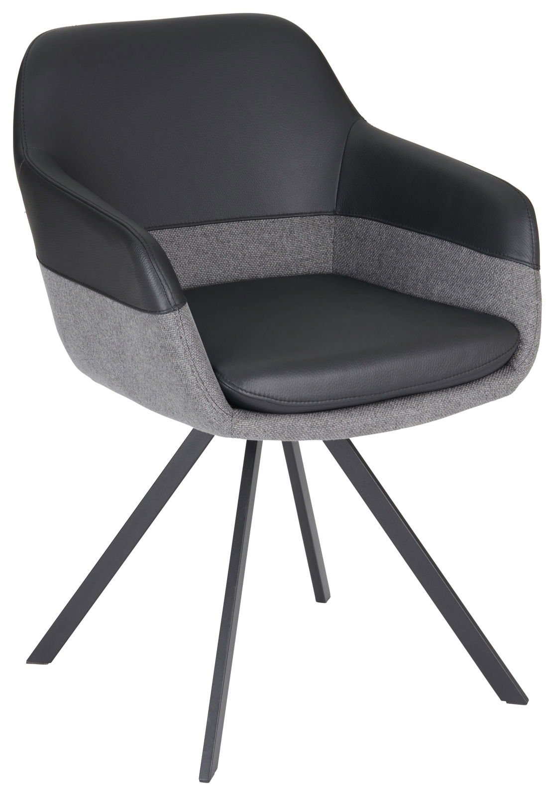 Novel Sessel WESLEY Moderner Sessel mit schwarzem Kunstleder und grauem Stoffbezug, auf vier schwarzen Metallbeinen. Frontalansicht.