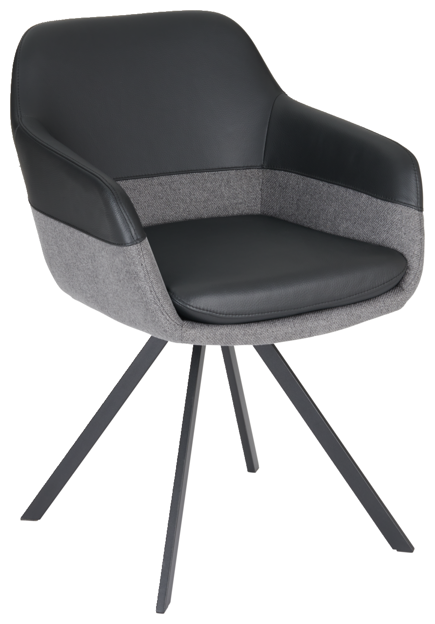 Novel Sessel WESLEY Moderner Sessel mit schwarzem Kunstleder und grauem Stoffbezug, auf vier schwarzen Metallbeinen. Frontalansicht.