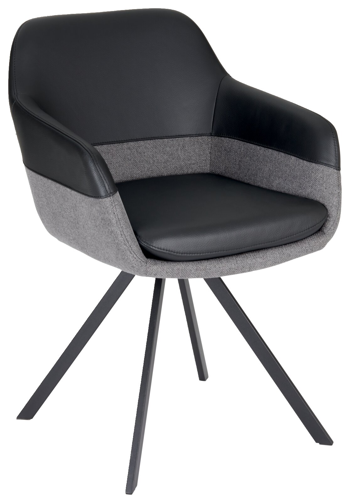 Novel Sessel WESLEY Moderner Sessel mit schwarzem Kunstleder und grauem Stoffbezug, auf vier schwarzen Metallbeinen. Frontalansicht.