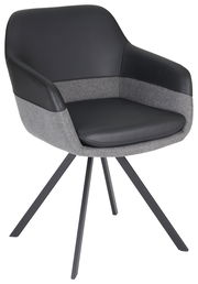 Moderner Sessel mit schwarzem Kunstleder und grauem Stoffbezug, auf vier schwarzen Metallbeinen. Frontalansicht.