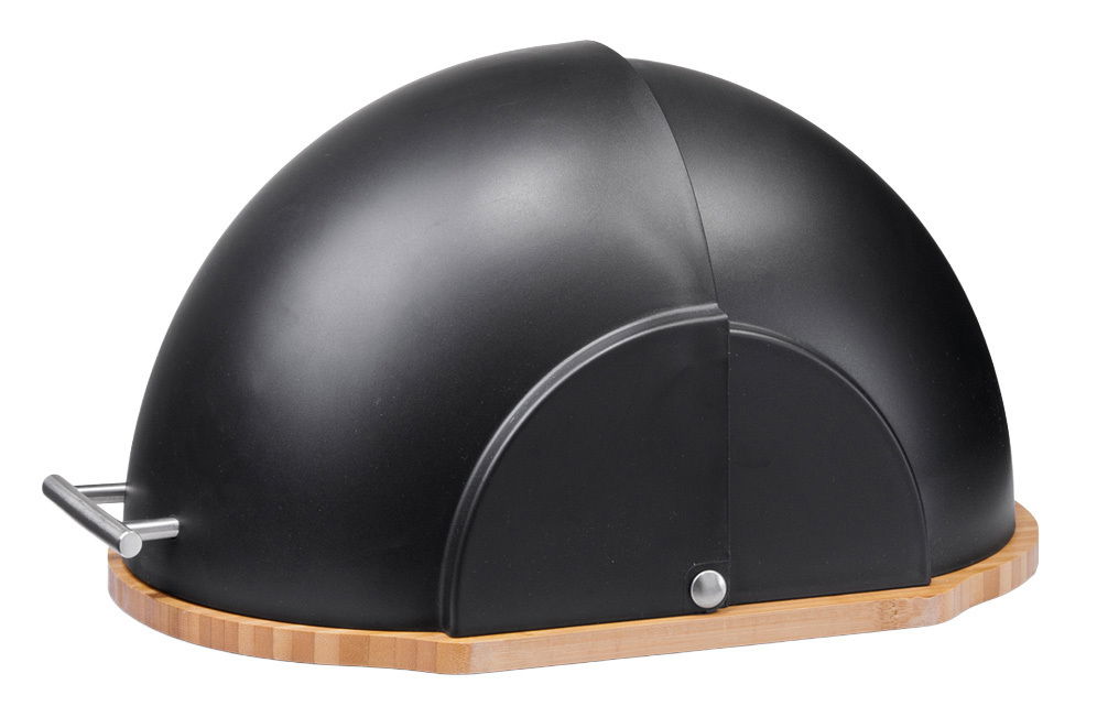 Schwarzer Brotkasten mit halbrundem Deckel und Holzunterseite, seitliche Perspektive