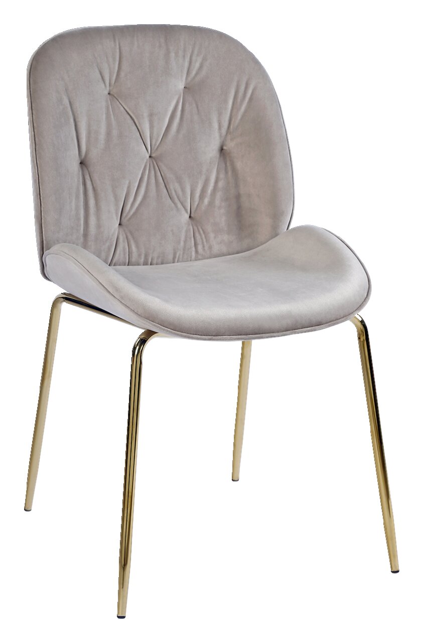 Novel Stuhl LADY Moderner Stuhl mit grauem, gepolstertem Sitz und Rückenlehne, sowie goldenen Metallbeinen, seitliche Perspektive