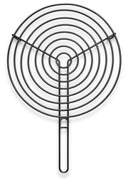 Runder Grillrost aus schwarzem Metall mit konzentrischen Kreisen und Griff, Draufsicht