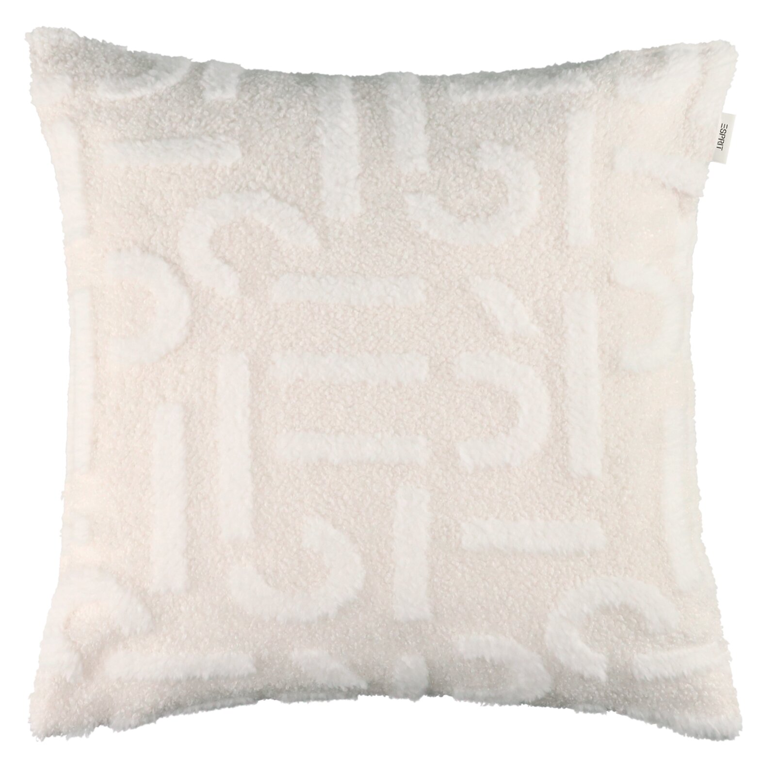 Esprit Zierkissenhülle 45x45cm E-SCATTER Flauschiges, cremeweißes Dekokissen mit strukturiertem Muster und Esprit-Label, frontal in Vorderansicht freigestellt