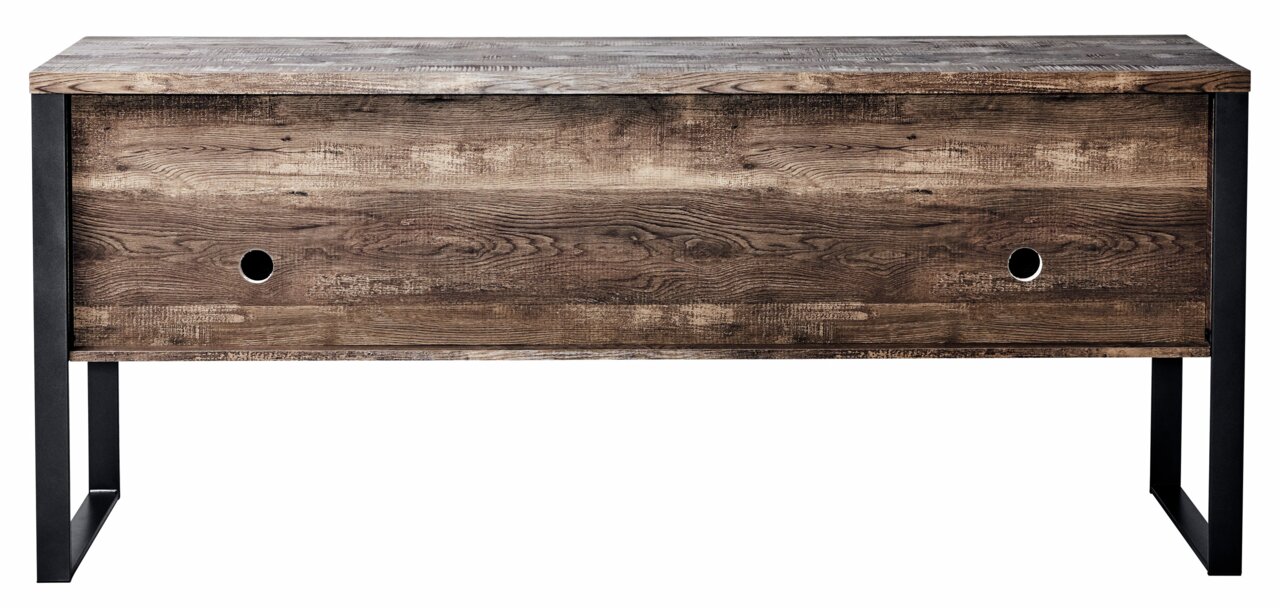 Vooraanzicht van een dressoir met houtlook en zwarte metalen poten.