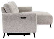 Seitenansicht eines modernen, grauen Ecksofas mit verstellbarer Rückenlehne und schwarzen Beinen.