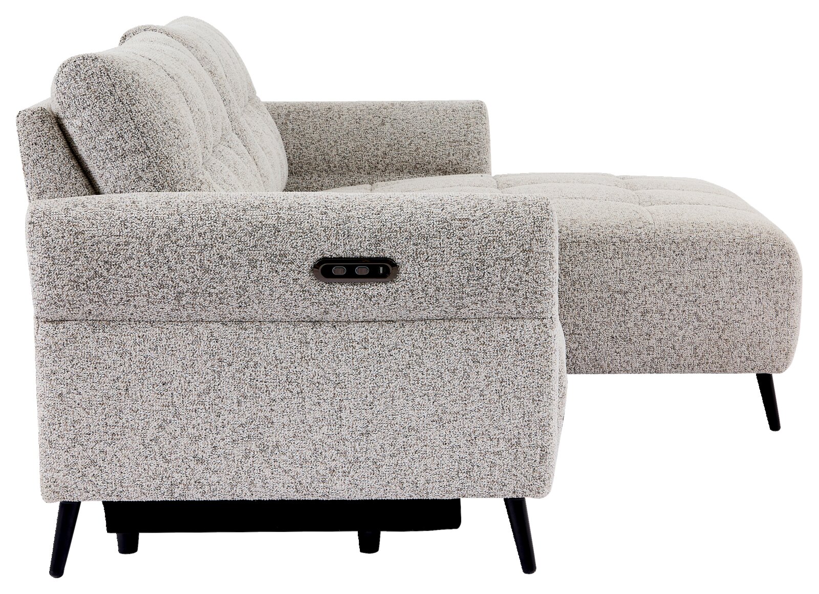 Seitenansicht eines modernen, grauen Ecksofas mit verstellbarer Rückenlehne und schwarzen Beinen.