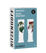 Verpackung des Weizenglas Brauchzeit 2er-Sets von Ritzenhoff mit stilisierten Eulenmotiven, seitliche Perspektive