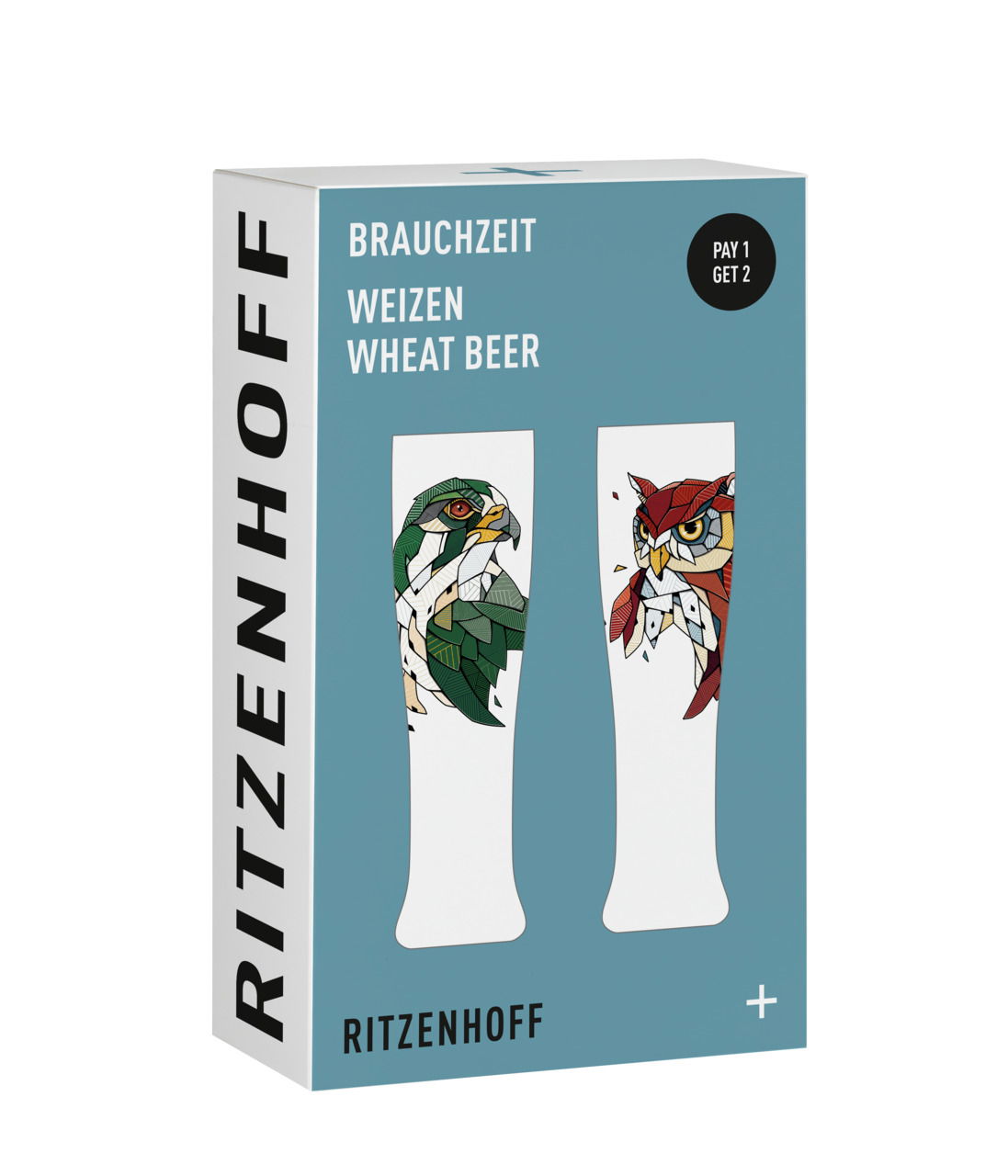 Verpackung des Weizenglas Brauchzeit 2er-Sets von Ritzenhoff mit stilisierten Eulenmotiven, seitliche Perspektive