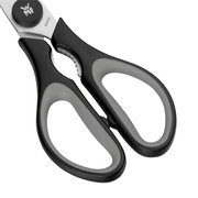 Nahaufnahme einer schwarzen Küchenschere mit ergonomischen Griffen, von oben betrachtet.
