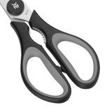 Nahaufnahme einer schwarzen Küchenschere mit ergonomischen Griffen, von oben betrachtet.