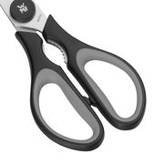 Nahaufnahme einer schwarzen Küchenschere mit ergonomischen Griffen, von oben betrachtet.