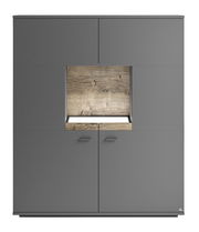 Frontansicht eines modernen Highboards in dunklem Grau mit Holzelementen in der Mitte.