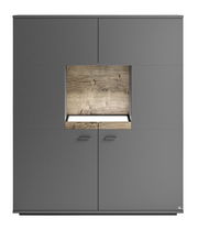 Frontansicht eines modernen Highboards in dunklem Grau mit Holzelementen in der Mitte.