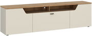 TV-Lowboard in Holzoptik mit cremefarbenen Fronten, frontal betrachtet