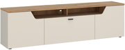 TV-Lowboard in Holzoptik mit cremefarbenen Fronten, frontal betrachtet